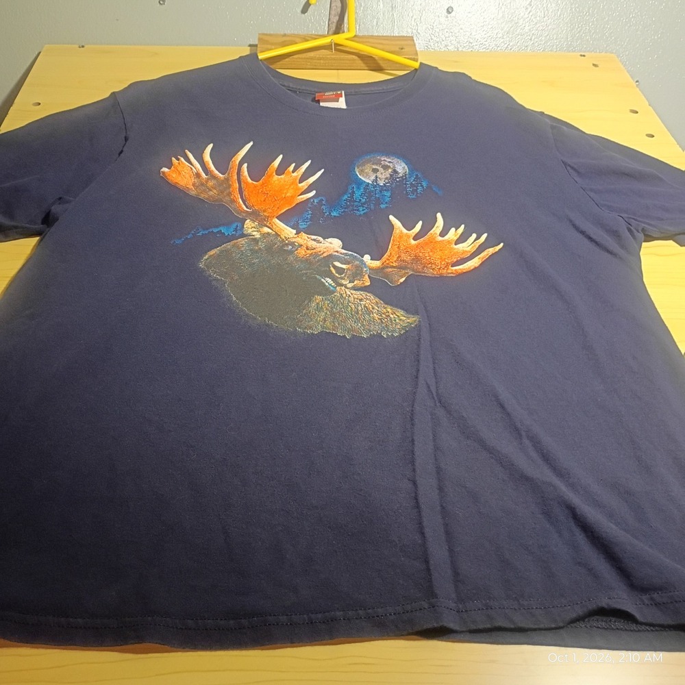 Hanes T-Shirt, Male, Men Size 2XL (50-52) Navy Blue Moose Graphic Nature Tee